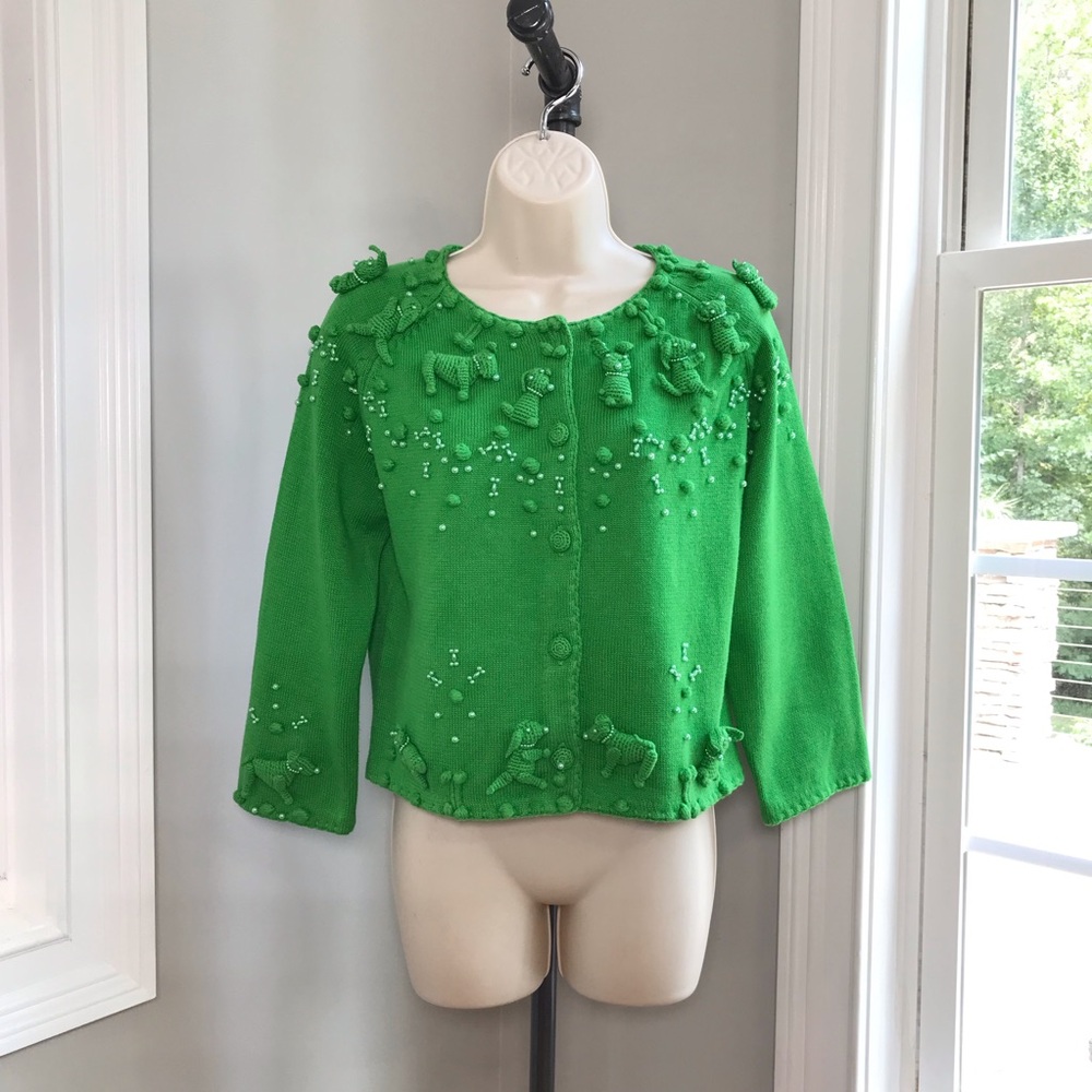 Vintage Michael Simon 3D Crochet Dogs Sweater Cardigan ~ Women’s Small NEW